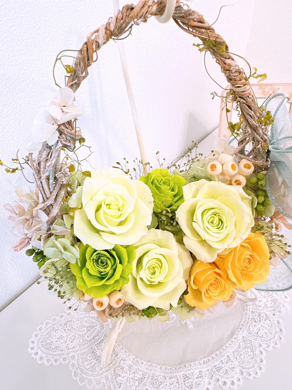 フレッシュグリーンのエッグバスケット リース イエロー 緑 黄色 母の日2026  結婚 記念日 新築 出産 長寿 祝い | 7枚目